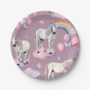Regenboogballon Eenhoorn Paarse Verjaardagsfeest M Papieren Bordje