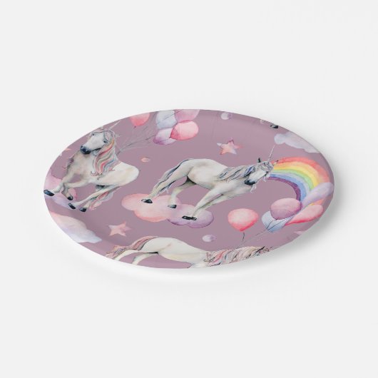 Regenboogballon Eenhoorn Paarse Verjaardagsfeest M Papieren Bordje (Gekanteld)