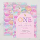 Regenboogballon Roze Boog 1e Verjaardagsfeest Kaart (Voorkant / Achterkant)