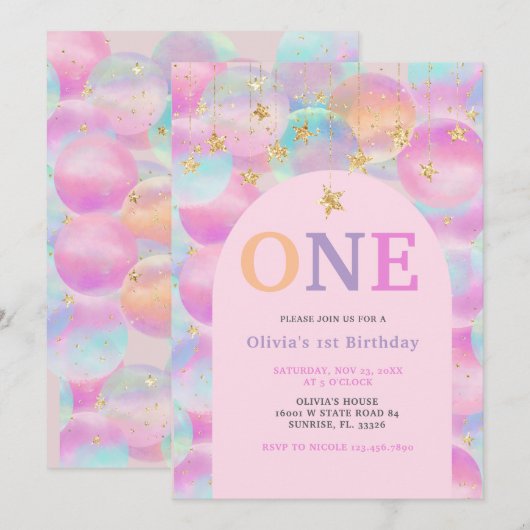 Regenboogballon Roze Boog 1e Verjaardagsfeest Kaart (Voorkant / Achterkant)