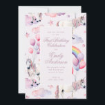 Regenboogballonnen Eenhoorn Eerste Verjaardag Part Kaart<br><div class="desc">Onderdeel van een collectie Regenboogballonnen Eenhoorn Roze Eerste 1e Verjaardag Party Girl Invitation</div>