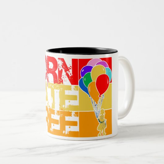 regenboogballonnen, geboren zonder haat. tweekleurige koffiemok (Voorkant rechts)