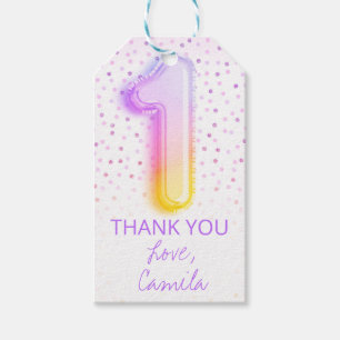 Regenboogballonnummer 1 eerste verjaardag cadeaulabel