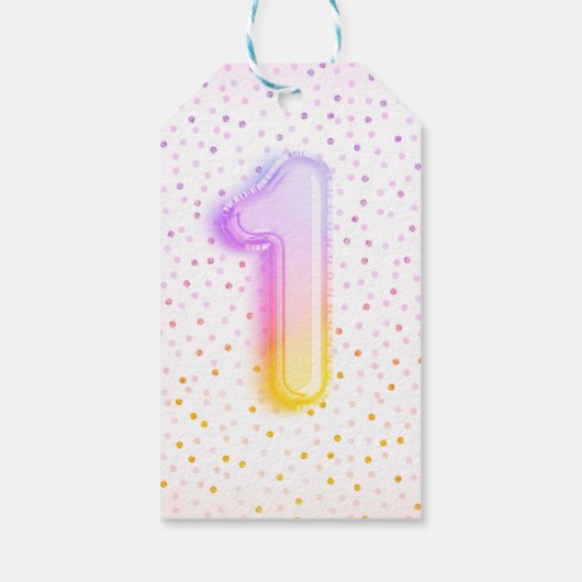 Regenboogballonnummer 1 eerste verjaardag cadeaulabel (Achterkant)