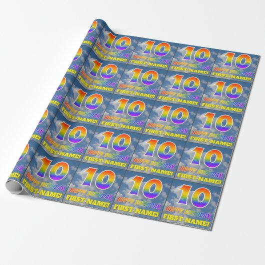 Regenboogblik "10" & "GELUKKIGE VERJAARDAG", Wolke Cadeaupapier (Uitgerold)