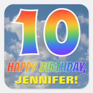 Regenboogblik "10" & "GELUKKIGE VERJAARDAG", Wolke Vierkante Sticker