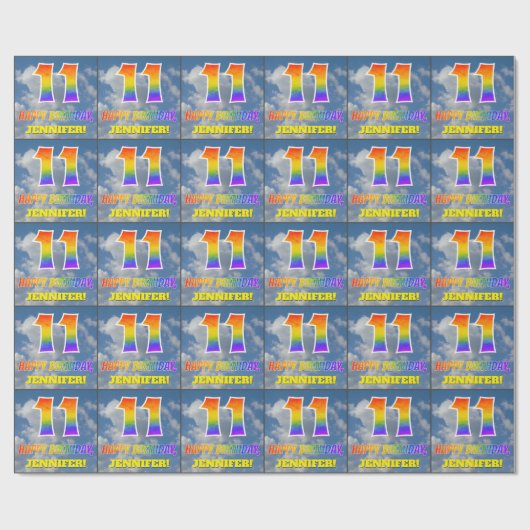 Regenboogblik "11" & "HAPPY BIRTHDAY", wolken, Sky Cadeaupapier (Vlak)