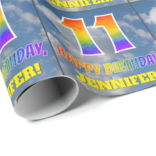 Regenboogblik "11" & "HAPPY BIRTHDAY", wolken, Sky Cadeaupapier (Rol Hoek)
