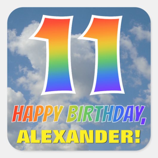 Regenboogblik "11" & "HAPPY BIRTHDAY", wolken, Sky Vierkante Sticker (Voorkant)