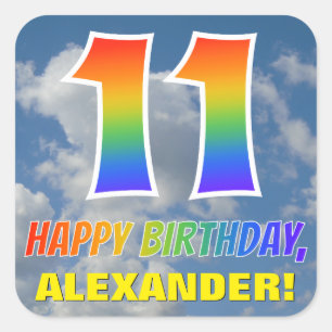 Regenboogblik "11" & "HAPPY BIRTHDAY", wolken, Sky Vierkante Sticker