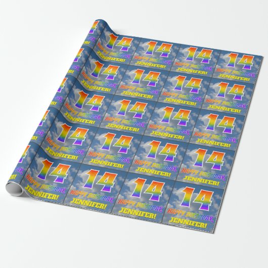 Regenboogblik "14" & "GELUKKIGE VERJAARDAG", Wolke Cadeaupapier (Uitgerold)