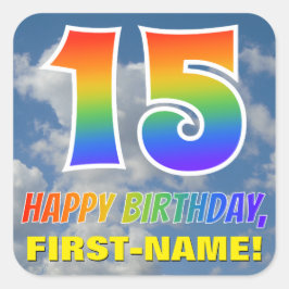 Regenboogblik "15" & "HAPPY BIRTHDAY", wolken, Sky Vierkante Sticker