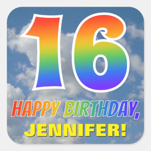 Regenboogblik "16" & "GELUKKIGE VERJAARDAG", Wolke Vierkante Sticker (Voorkant)
