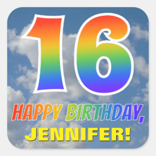 Regenboogblik "16" & "GELUKKIGE VERJAARDAG", Wolke Vierkante Sticker