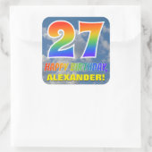 Regenboogblik "27" & "HAPPY BIRTHDAY", wolken, Sky Vierkante Sticker (Tas)