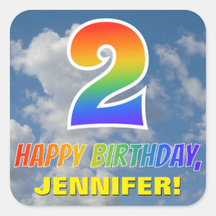 Regenboogblik "2" & "GELUKKIGE VERJAARDAG", Wolken Vierkante Sticker