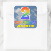 Regenboogblik "2" & "GELUKKIGE VERJAARDAG", Wolken Vierkante Sticker (Tas)