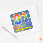 Regenboogblik "31" & "HAPPY BIRTHDAY", wolken, Sky Vierkante Sticker (Envelop)
