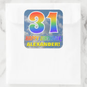 Regenboogblik "31" & "HAPPY BIRTHDAY", wolken, Sky Vierkante Sticker (Tas)
