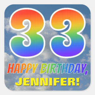 Regenboogblik "33" & "GELUKKIGE VERJAARDAG", Wolke Vierkante Sticker