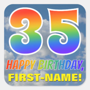 Regenboogblik "35" & "HAPPY BIRTHDAY", wolken, Sky Vierkante Sticker