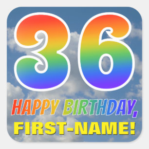 Regenboogblik "36" & "HAPPY BIRTHDAY", wolken, Sky Vierkante Sticker