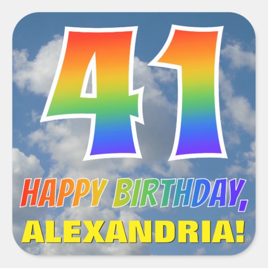 Regenboogblik "41" & "HAPPY BIRTHDAY", wolken, Sky Vierkante Sticker (Voorkant)