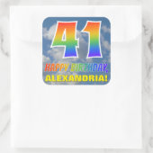 Regenboogblik "41" & "HAPPY BIRTHDAY", wolken, Sky Vierkante Sticker (Tas)