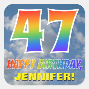 Regenboogblik "47" & "HAPPY BIRTHDAY", wolken, Sky Vierkante Sticker