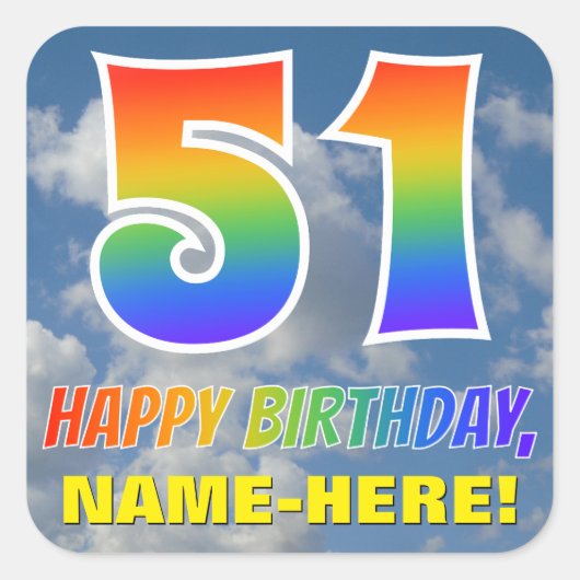 Regenboogblik "51" & "HAPPY BIRTHDAY", wolken, Sky Vierkante Sticker (Voorkant)
