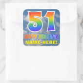 Regenboogblik "51" & "HAPPY BIRTHDAY", wolken, Sky Vierkante Sticker (Tas)