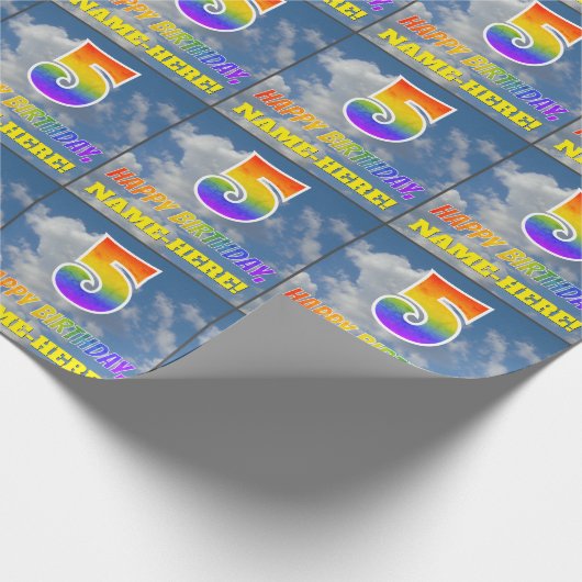 Regenboogblik "5" en "HAPPY BIRTHDAY", wolken, Sky Cadeaupapier (Hoek)