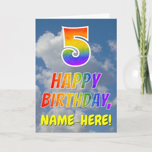 Regenboogblik "5" en "HAPPY BIRTHDAY", wolken, Sky Kaart (Voorkant)
