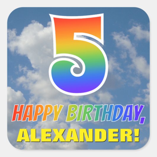 Regenboogblik "5" en "HAPPY BIRTHDAY", wolken, Sky Vierkante Sticker (Voorkant)