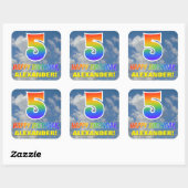Regenboogblik "5" en "HAPPY BIRTHDAY", wolken, Sky Vierkante Sticker (Vel)