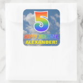 Regenboogblik "5" en "HAPPY BIRTHDAY", wolken, Sky Vierkante Sticker (Tas)