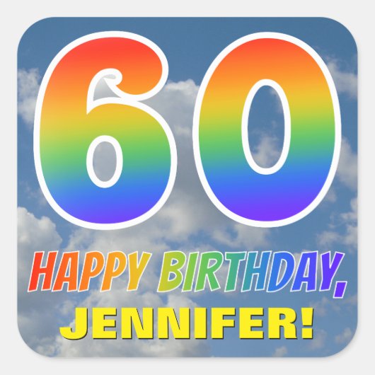 Regenboogblik "60" & "HAPPY BIRTHDAY", wolken, Sky Vierkante Sticker (Voorkant)