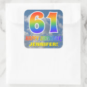 Regenboogblik "61" & "GELUKKIGE VERJAARDAG", Wolke Vierkante Sticker (Tas)