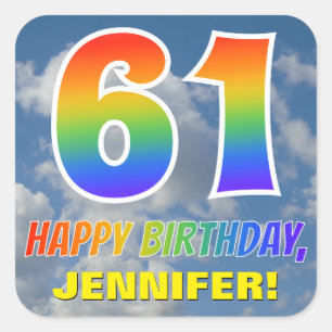 Regenboogblik "61" & "HAPPY BIRTHDAY", wolken, Sky Vierkante Sticker