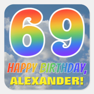 Regenboogblik "69" & "HAPPY BIRTHDAY", wolken, Sky Vierkante Sticker