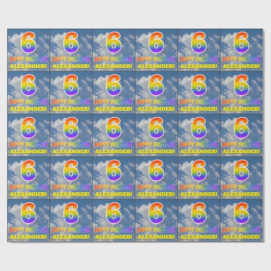 Regenboogblik "6" & "GELUKKIGE VERJAARDAG", Wolken Cadeaupapier (Vlak)