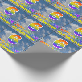 Regenboogblik "6" & "GELUKKIGE VERJAARDAG", Wolken Cadeaupapier