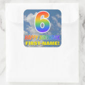 Regenboogblik "6" & "GELUKKIGE VERJAARDAG", Wolken Vierkante Sticker (Tas)