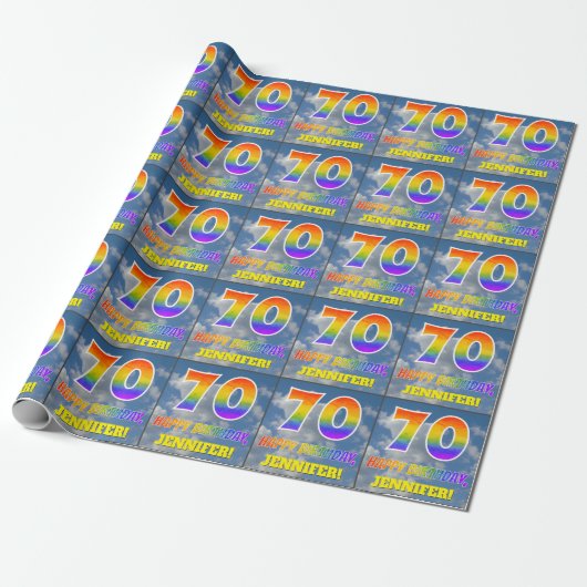 Regenboogblik "70" & "GELUKKIGE VERJAARDAG", Wolke Cadeaupapier (Uitgerold)