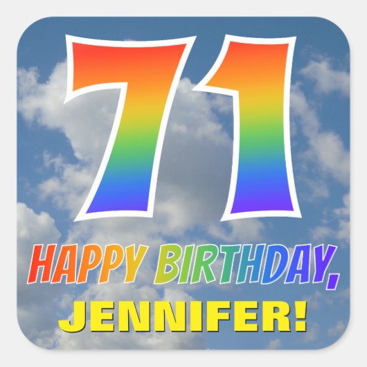 Regenboogblik "71" & "GELUKKIGE VERJAARDAG", Wolke Vierkante Sticker (Voorkant)