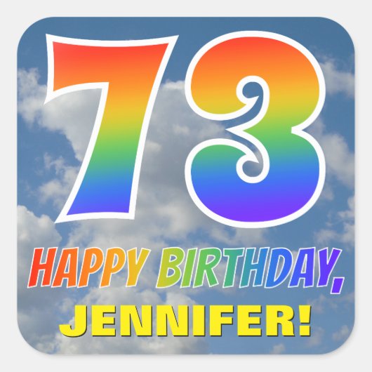 Regenboogblik "73" & "GELUKKIGE VERJAARDAG", Wolke Vierkante Sticker (Voorkant)