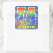 Regenboogblik "74" & "GELUKKIGE VERJAARDAG", Wolke Vierkante Sticker (Tas)