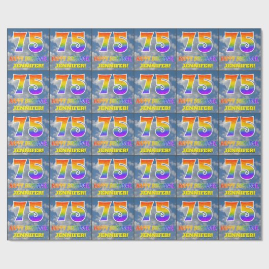 Regenboogblik "75" & "HAPPY BIRTHDAY", wolken, Sky Cadeaupapier (Vlak)