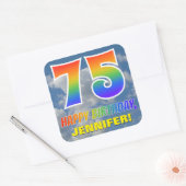 Regenboogblik "75" & "HAPPY BIRTHDAY", wolken, Sky Vierkante Sticker (Envelop)
