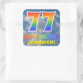 Regenboogblik "77" & "HAPPY BIRTHDAY", wolken, Sky Vierkante Sticker (Tas)